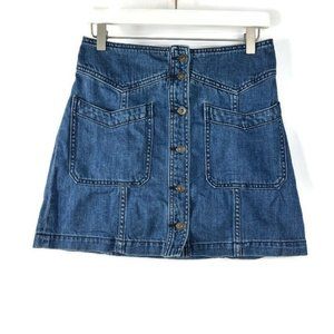 Free People Womens Blue Denim Mini A-Line Skirt Button Up Front Pocket Cotton  4